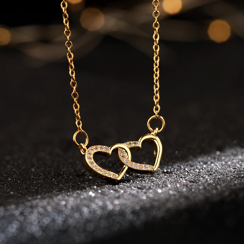 925 Sterling Silver Double Heart Necklace with Cubic Zirconia for Women