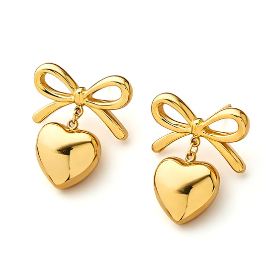 Stainless Steel 18K Gold-Plated Heart Bow Drop Earring