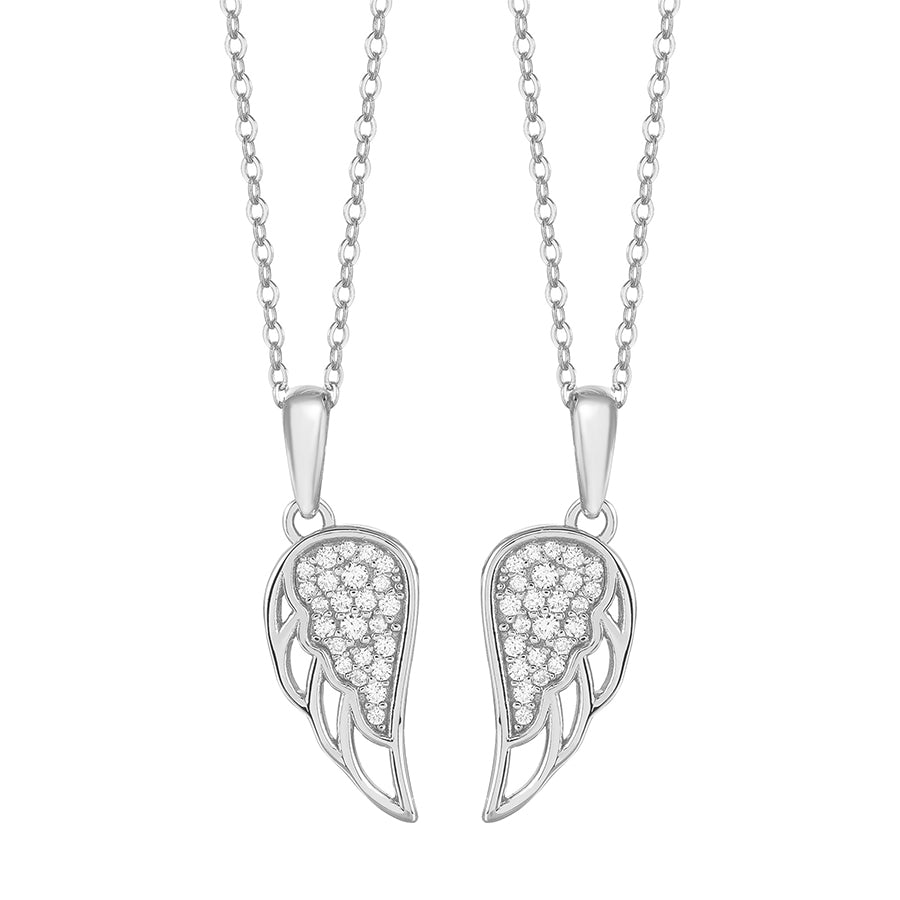 925 Sterling Silver CZ Split Angel Wing Necklace – Matching Two-Piece Heart Pendant for Couples