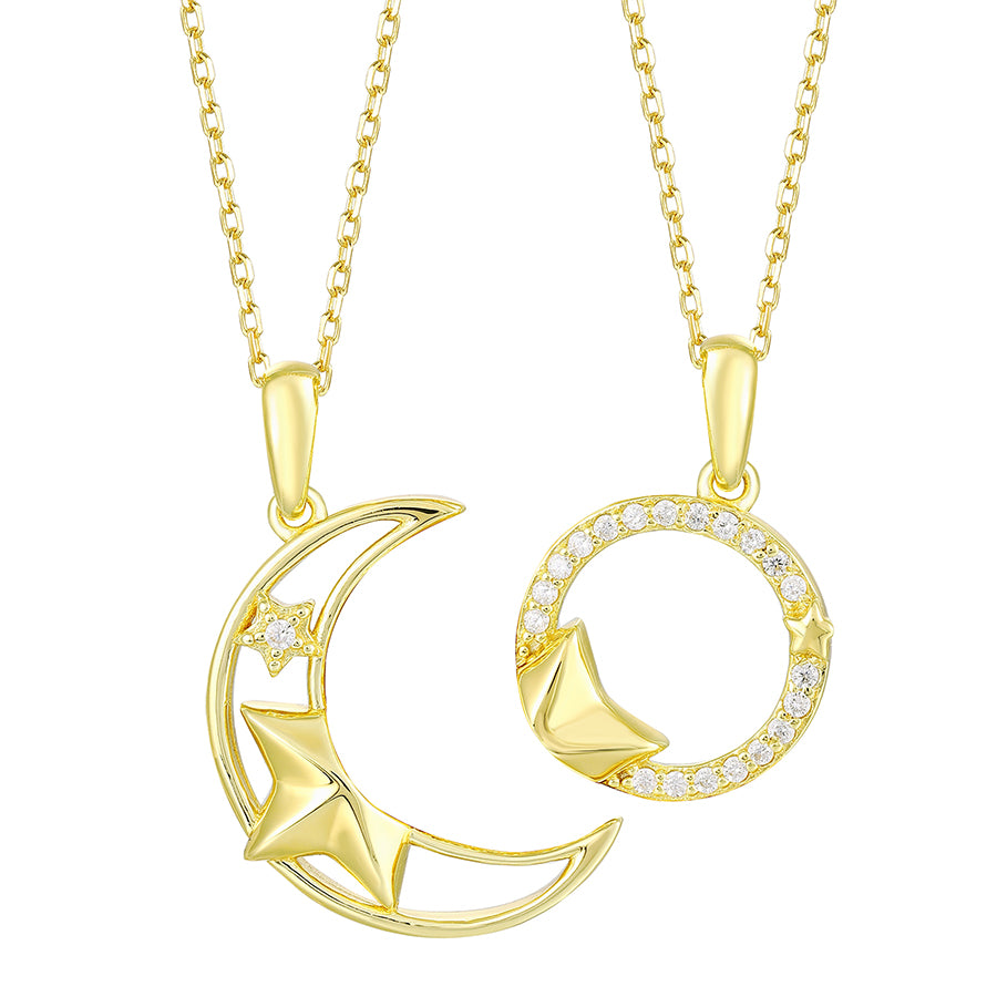 925 Silver ZirconiaDouble Chain Couple Necklace Set – Matching Moon & Star Pendant Necklaces for Him and Her