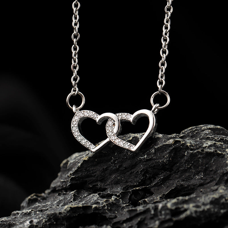 925 Sterling Silver Double Heart Necklace with Cubic Zirconia for Women