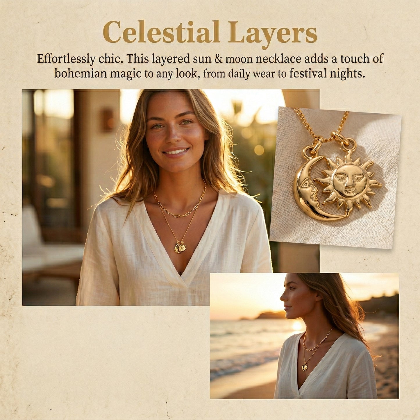 Oudisijewelry 316L Stainless steel moon&sun stack necklaces