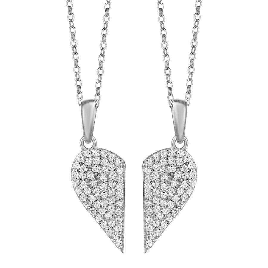 925 Sterling Silver Cubic Zirconia Split Heart Pendant Necklace – 2 Ways to Wear
