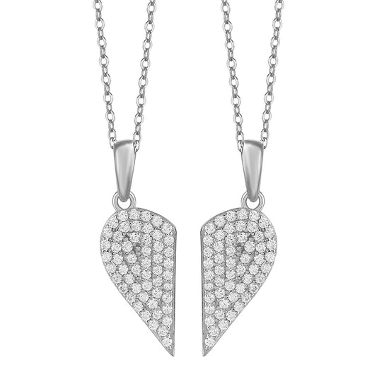 925 Sterling Silver Cubic Zirconia Split Heart Pendant Necklace – 2 Ways to Wear
