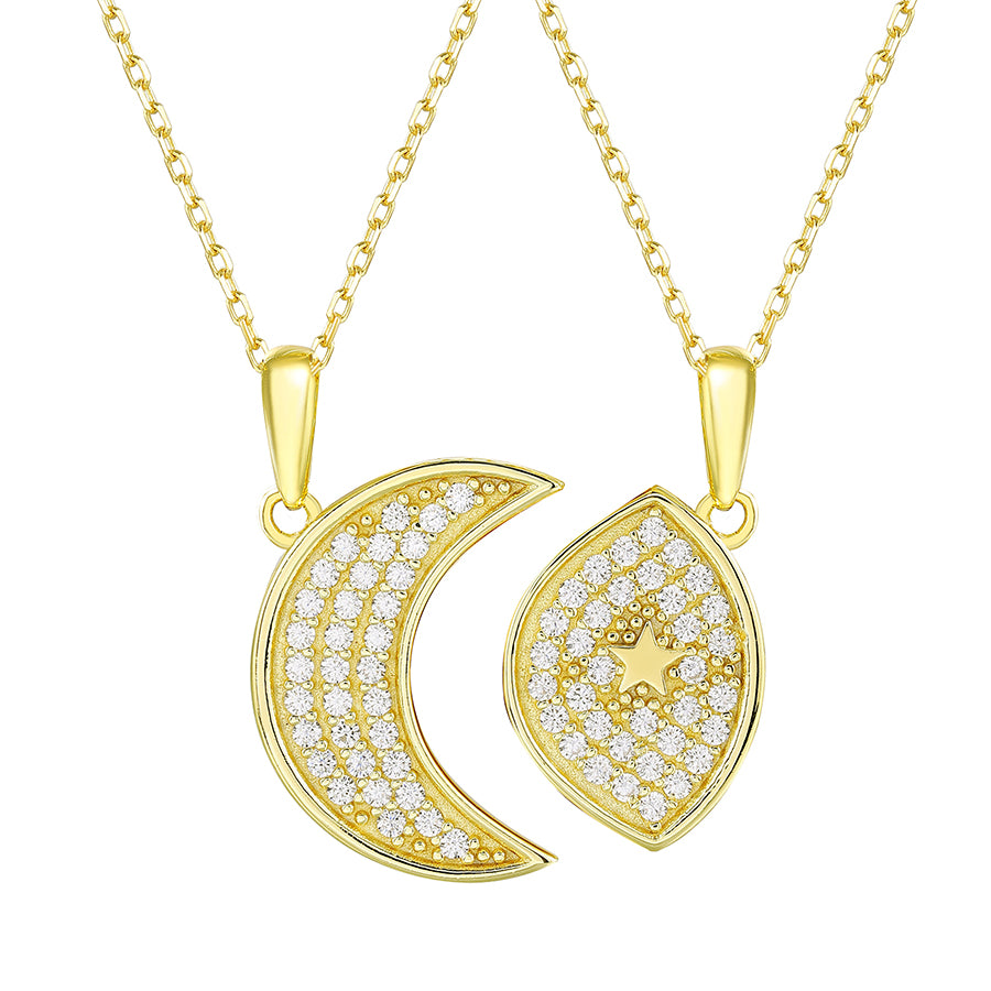 925 Sterling Silver Cubic Zirconia Moon & Star Two-Piece Pendant Necklace