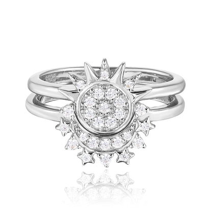 Celestial Sun & Moon Two-Piece Ring Set in 925 Sterling Silver with Cubic Zirconia