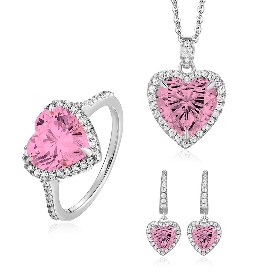 Luxury Pink Heart 3-Piece Jewelry Set in S925 Sterling Silver – Ring, Necklace & Earrings