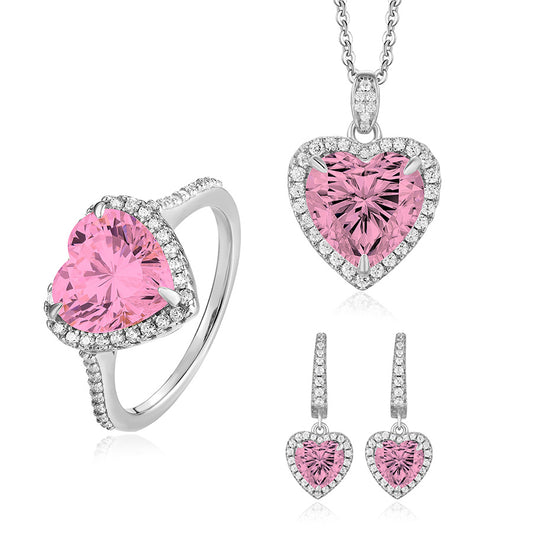 Luxury Pink Heart 3-Piece Jewelry Set in S925 Sterling Silver – Ring, Necklace & Earrings