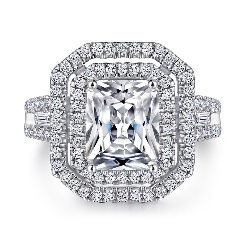 925 Sterling Silver Double Halo CZ Engagement Ring for Women – Baguette Side Stones & Pavé Band