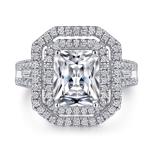 925 Sterling Silver Double Halo CZ Engagement Ring for Women – Baguette Side Stones & Pavé Band