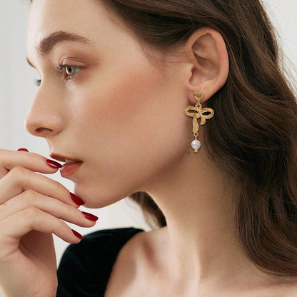 Stainless Steel 18K Gold-Plated Bow-Knot Shell Pearl Earrings