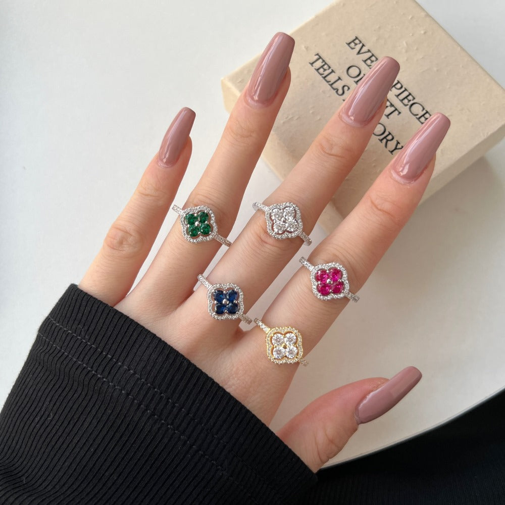 925 Sterling Silver Clover Flower Cubic Zirconia Ring for Women | Elegant Statement Jewelry