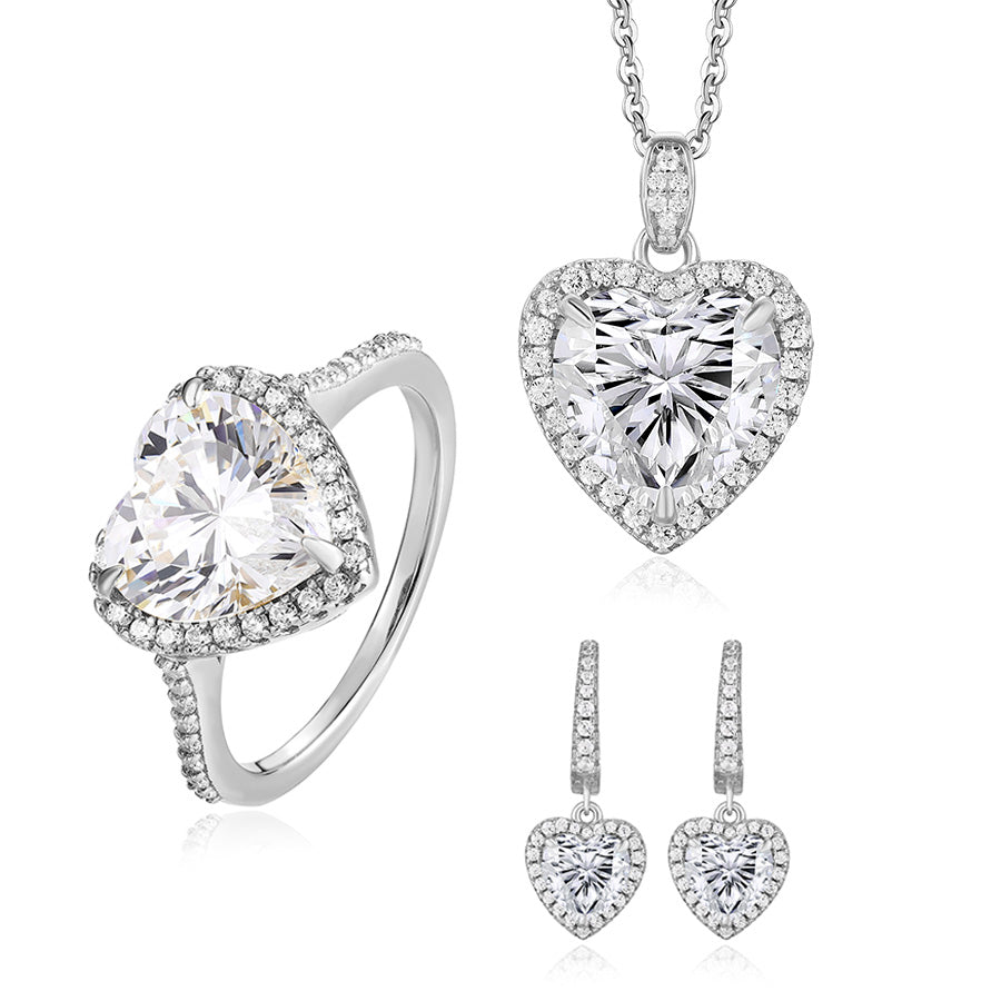 Luxury Heart Cut CZ Jewelry Set for Women | S925 Sterling Silver Necklace Ring Earrings