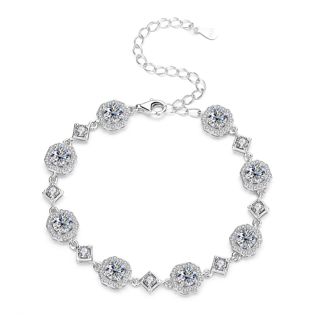 Adjustable 925 Sterling Silver Bracelet with Zircon and Square Moissanite Charm