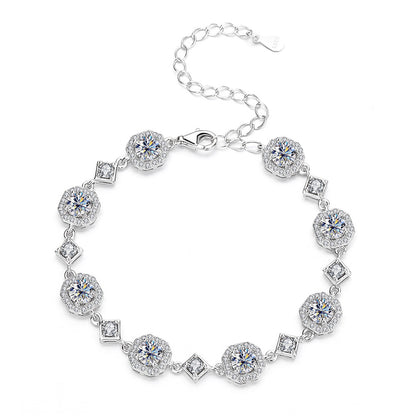 Adjustable 925 Sterling Silver Bracelet with Zircon and Square Moissanite Charm