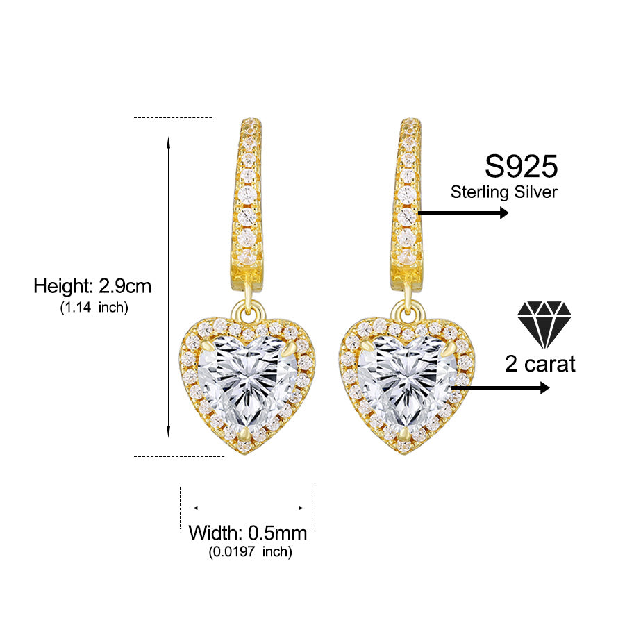 925 Sterling Silver 2 Carat Heart Cut CZ Earrings For Ladies' High-end Jewelry