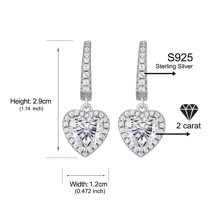 925 Sterling Silver 2 Carat Heart Cut CZ Earrings For Ladies' High-end Jewelry
