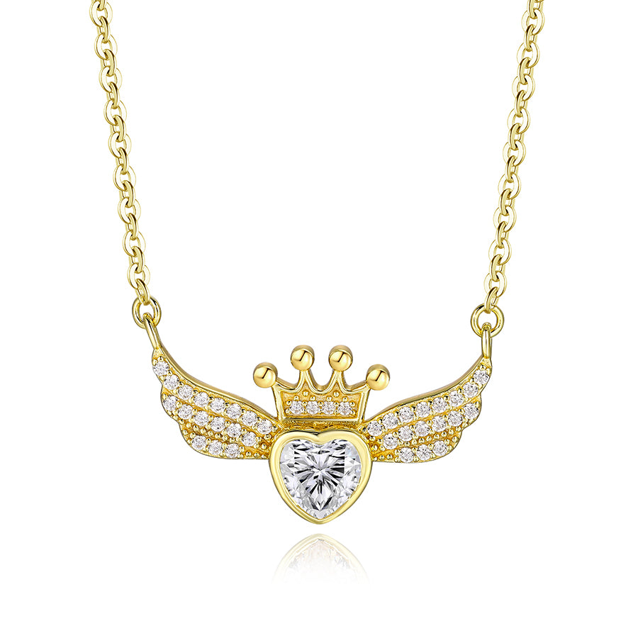 Crown Wing Heart Pendant Necklace for Women – 925 Sterling Silver Cubic Zirconia Angel Wing Necklace