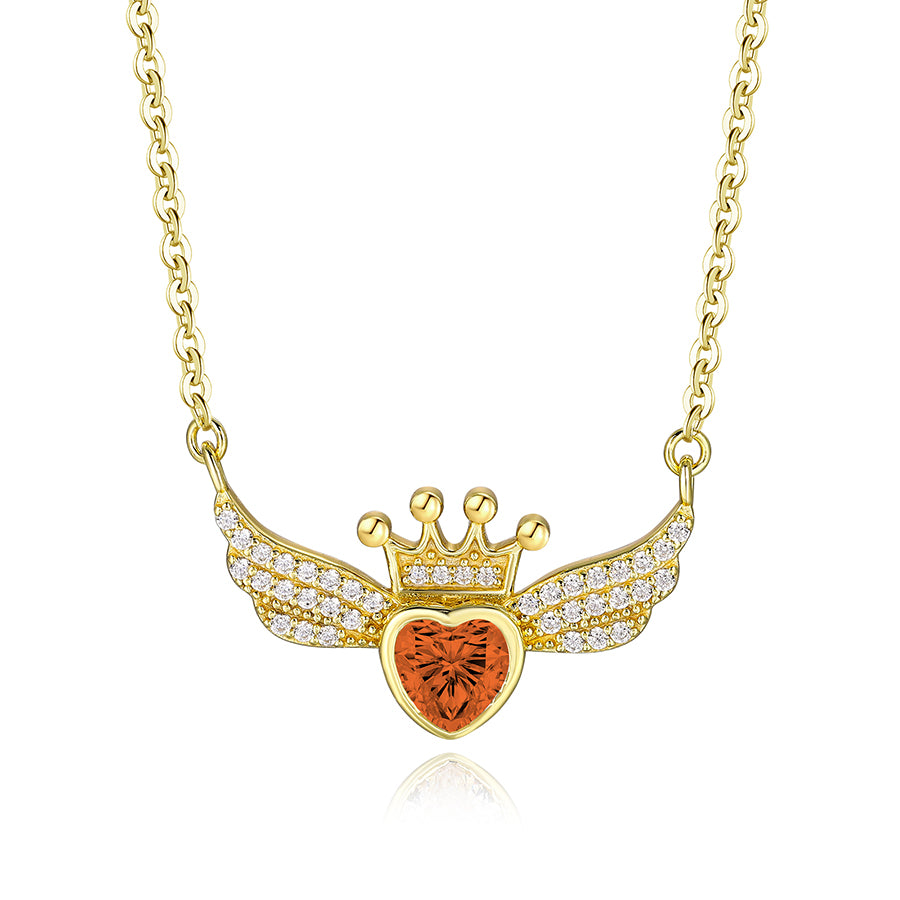 Crown Wing Heart Pendant Necklace for Women – 925 Sterling Silver Cubic Zirconia Angel Wing Necklace