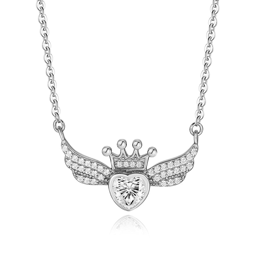 Crown Wing Heart Pendant Necklace for Women – 925 Sterling Silver Cubic Zirconia Angel Wing Necklace