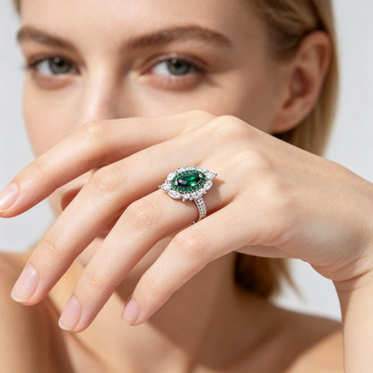 Marquise Cut Green Zircon Statement Ring | 925 Sterling Silver Women’s Vintage Halo Ring