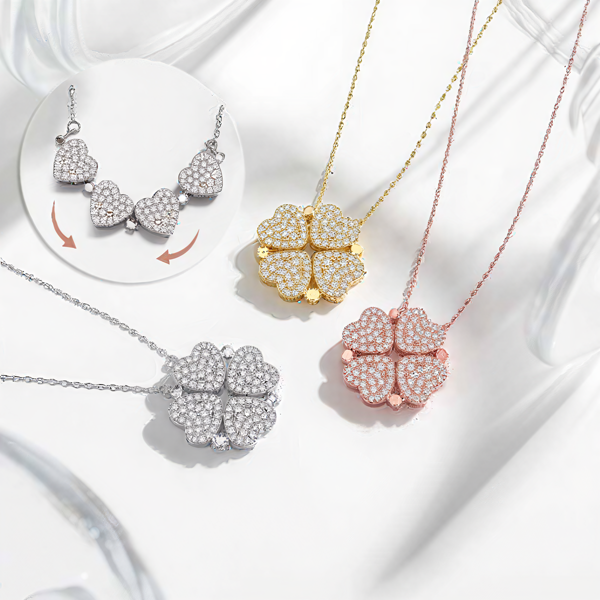 2-in-1 Convertible Pave Heart Clover Necklace – 925 Sterling Silver Cubic Zirconia