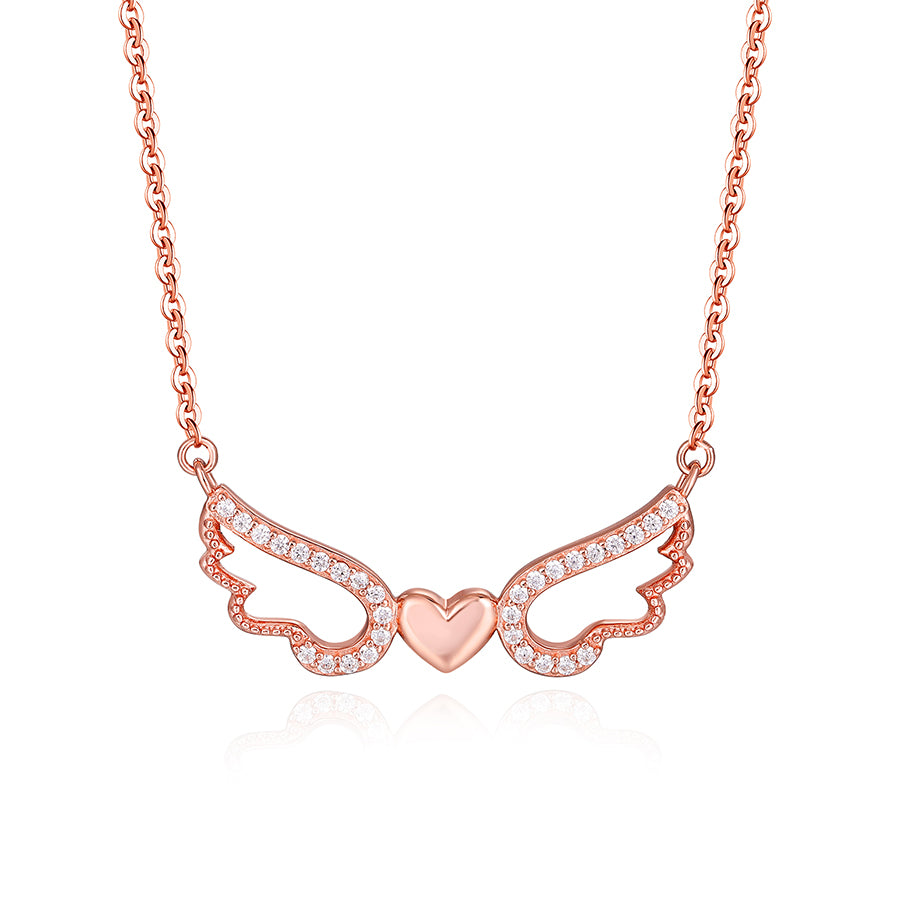 Angel Wing Heart Necklace – S925 Sterling Silver Cubic Zirconia Angel Wings Pendant Necklace for Women