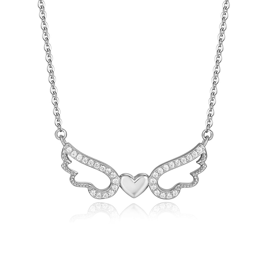 Angel Wing Heart Necklace – S925 Sterling Silver Cubic Zirconia Angel Wings Pendant Necklace for Women