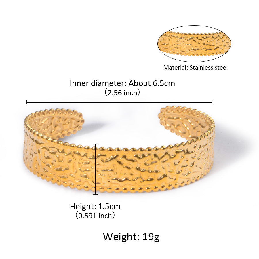 Waterproof 18K Gold Plated Stainless Steel Textured Open Cuff Bracelet – Tarnish Resistant & Hypoallergenic