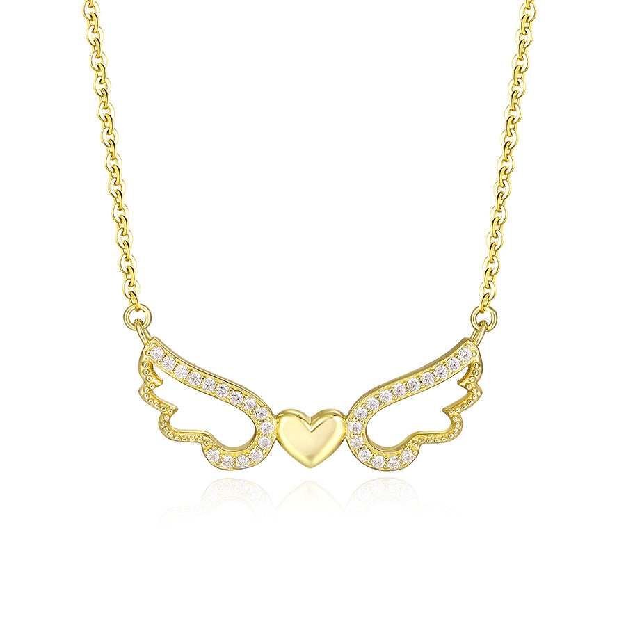 Angel Wing Heart Necklace – S925 Sterling Silver Cubic Zirconia Angel Wings Pendant Necklace for Women