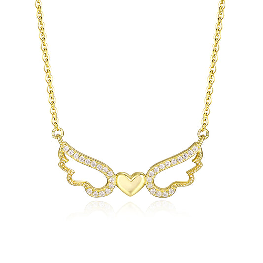 Angel Wing Heart Necklace – S925 Sterling Silver Cubic Zirconia Angel Wings Pendant Necklace for Women