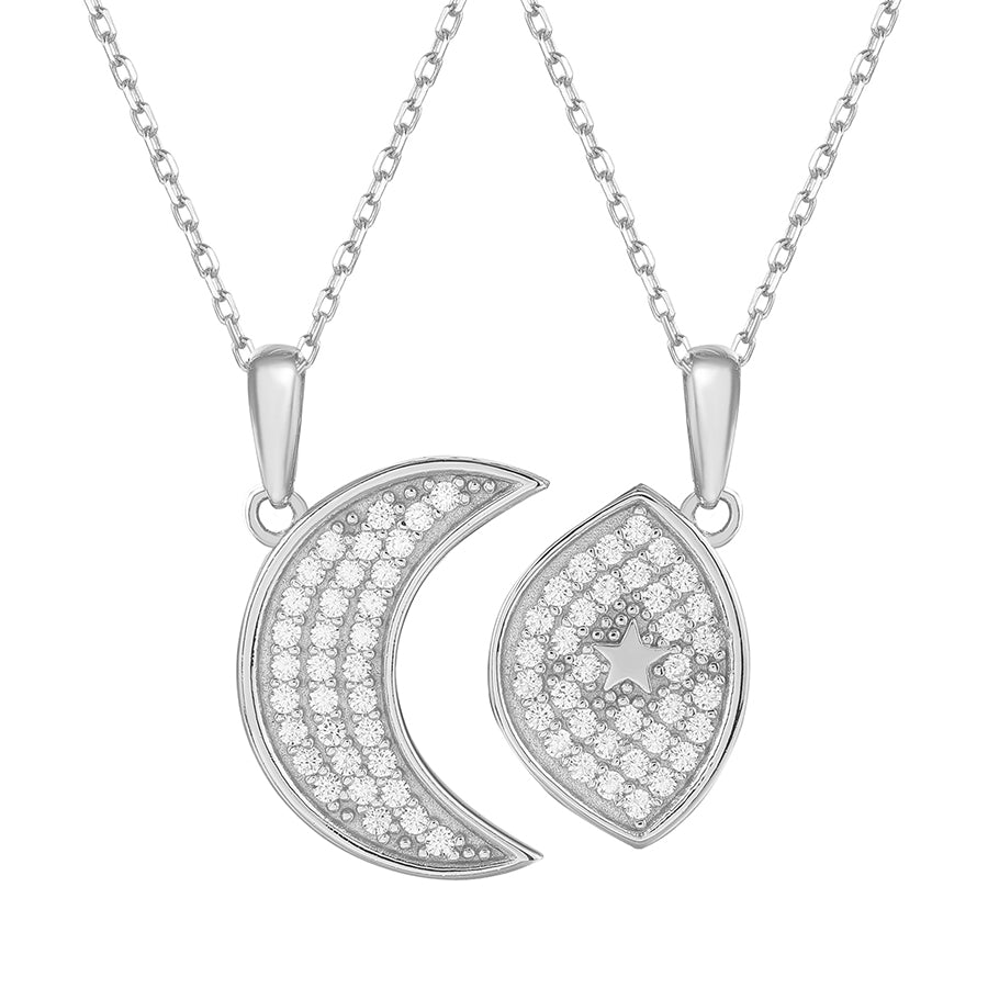 925 Sterling Silver Cubic Zirconia Moon & Star Two-Piece Pendant Necklace