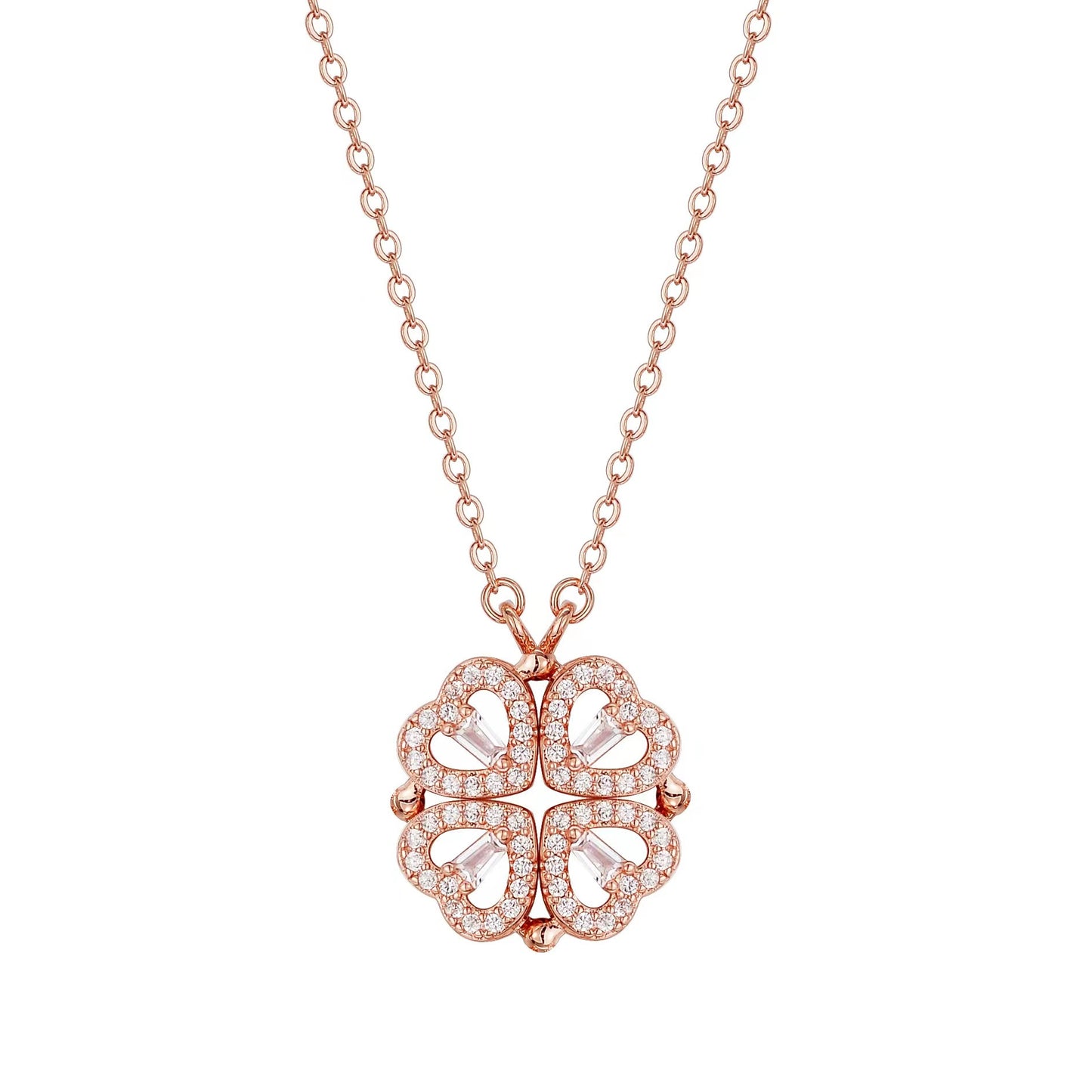 925 Sterling Silver 2-in-1 Four-Leaf Clover & Heart Necklace with Cubic Zirconia