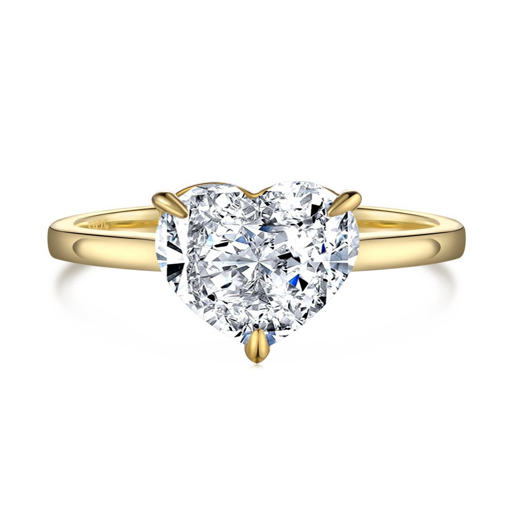 925 Sterling Silver Heart Cut Cubic Zirconia Solitaire Ring for Women – Gold Tone Promise Engagement Ring