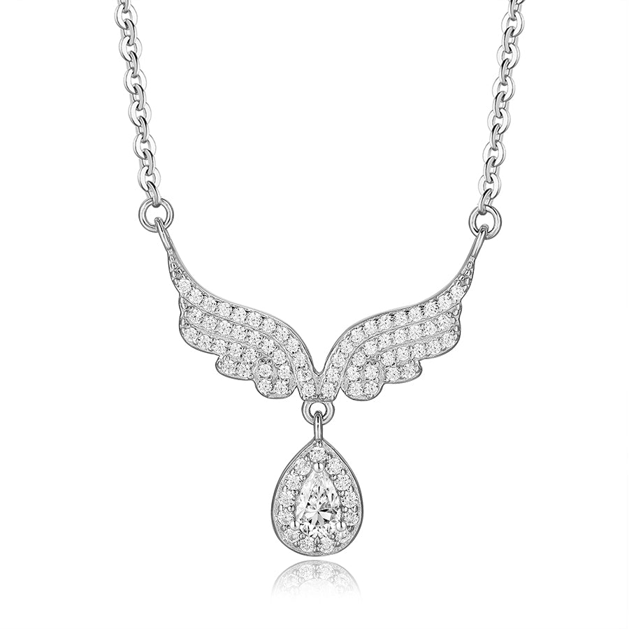925 Silver Zirconium Angel Necklace with Teardrop Zircon Pendant for Women