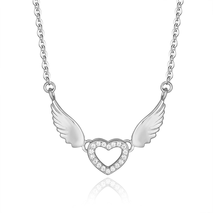 Movable Wing Heart Necklace  925 Sterling Silver Angel Wings Pendant with Zircon