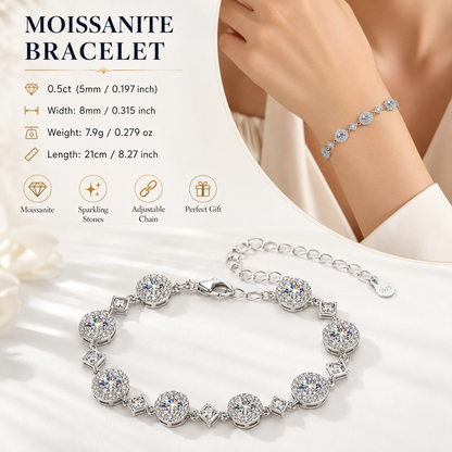 Adjustable 925 Sterling Silver Bracelet with Zircon and Square Moissanite Charm