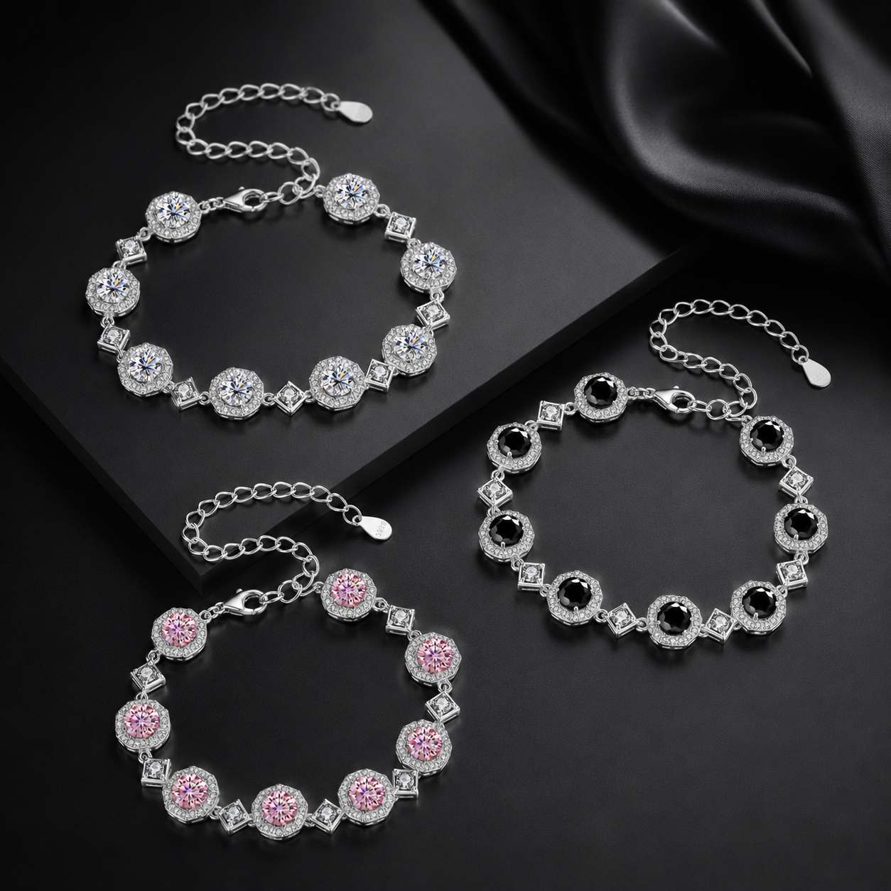 Adjustable 925 Sterling Silver Bracelet with Zircon and Square Moissanite Charm