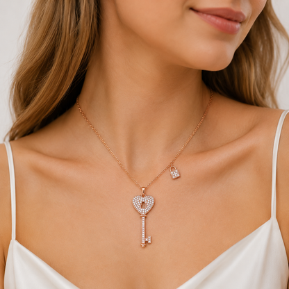 925 Sterling Silver Zircon Key Pendant Necklace For Women Jewelry Gift