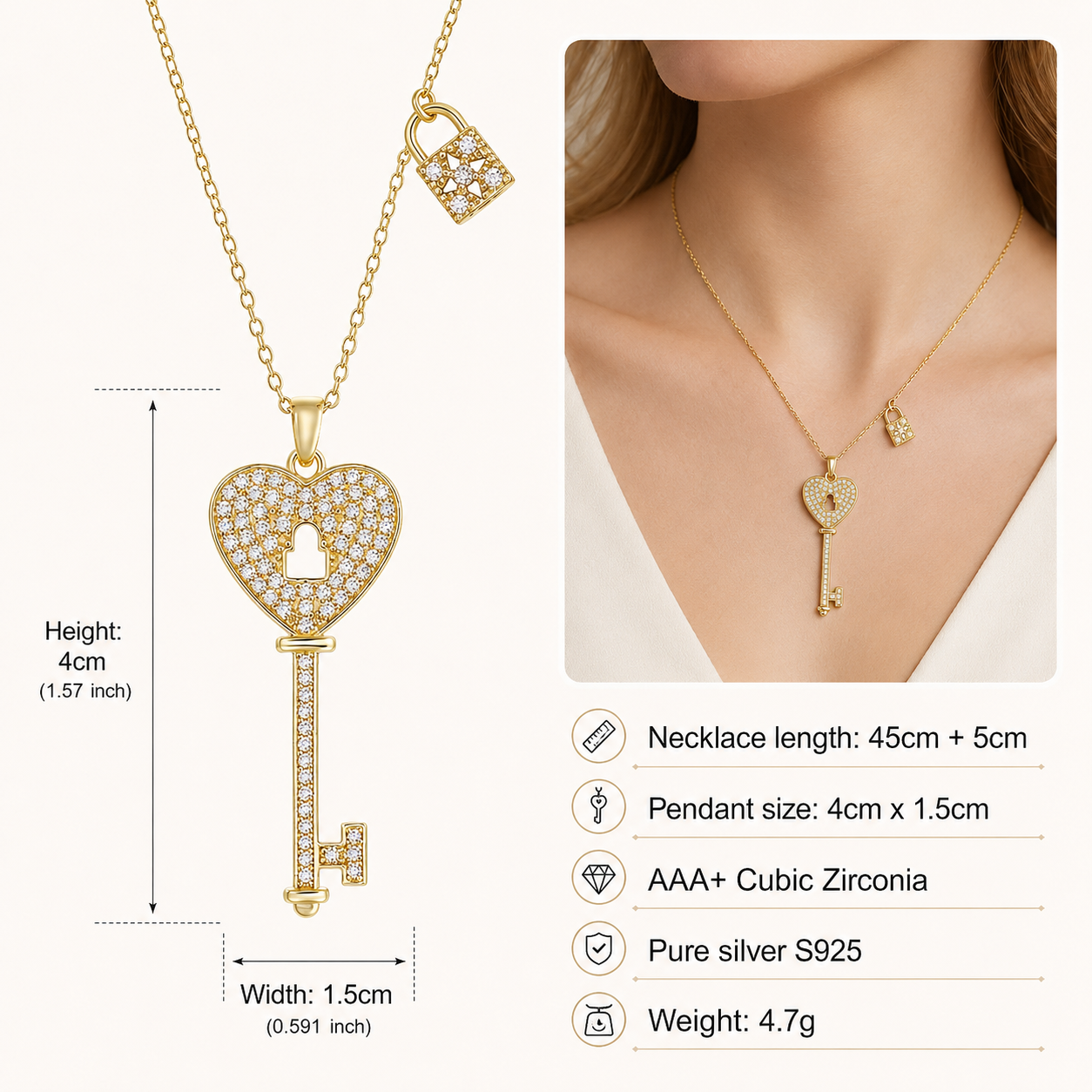 925 Sterling Silver Zircon Key Pendant Necklace For Women Jewelry Gift