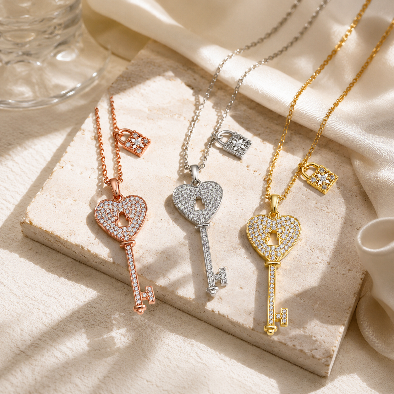 925 Sterling Silver Zircon Key Pendant Necklace For Women Jewelry Gift