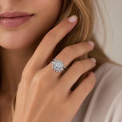 Celestial Sun & Moon Two-Piece Ring Set in 925 Sterling Silver with Cubic Zirconia