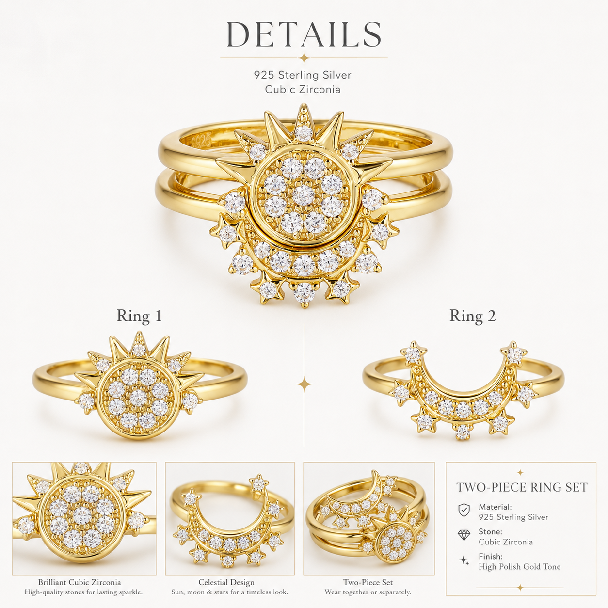 Celestial Sun & Moon Two-Piece Ring Set in 925 Sterling Silver with Cubic Zirconia