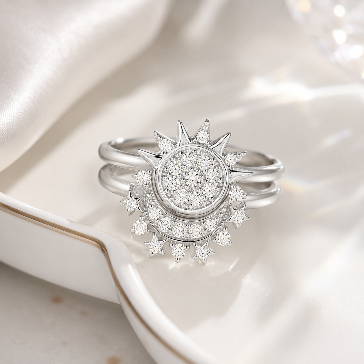 Celestial Sun & Moon Two-Piece Ring Set in 925 Sterling Silver with Cubic Zirconia