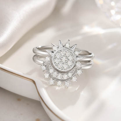Celestial Sun & Moon Two-Piece Ring Set in 925 Sterling Silver with Cubic Zirconia