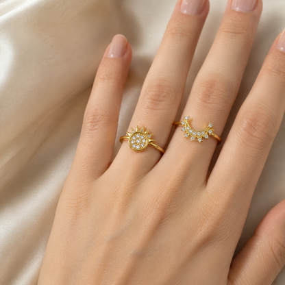 Celestial Sun & Moon Two-Piece Ring Set in 925 Sterling Silver with Cubic Zirconia