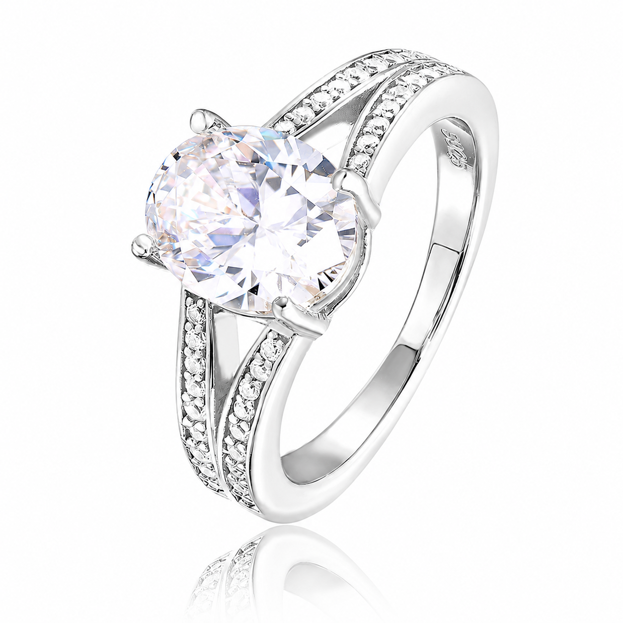925 Sterling Silver Oval Cut White Zircon Ring, Twisted Split Shank Paved Band Engagement Statement Ring for Women