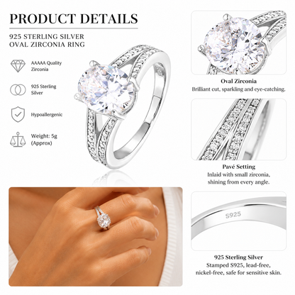 925 Sterling Silver Oval Cut White Zircon Ring, Twisted Split Shank Paved Band Engagement Statement Ring for Women