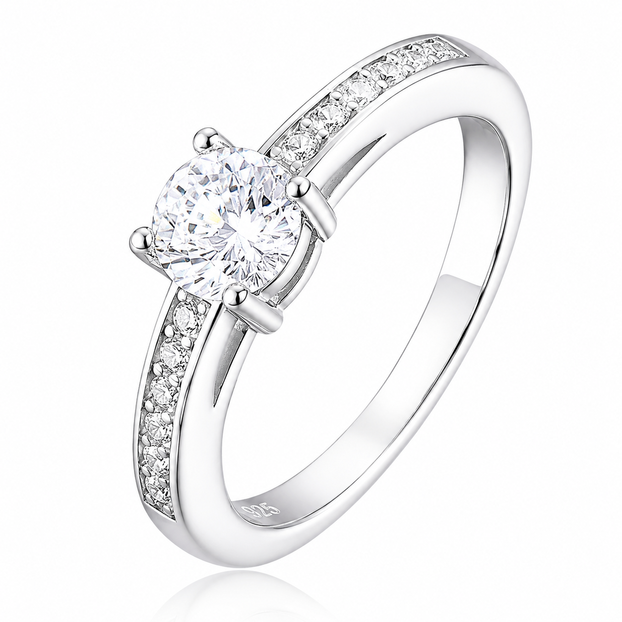 925 Sterling Silver Round Cut Multi-Color Zircon Solitaire Ring, Paved Side Stone Promise Engagement Ring for Women
