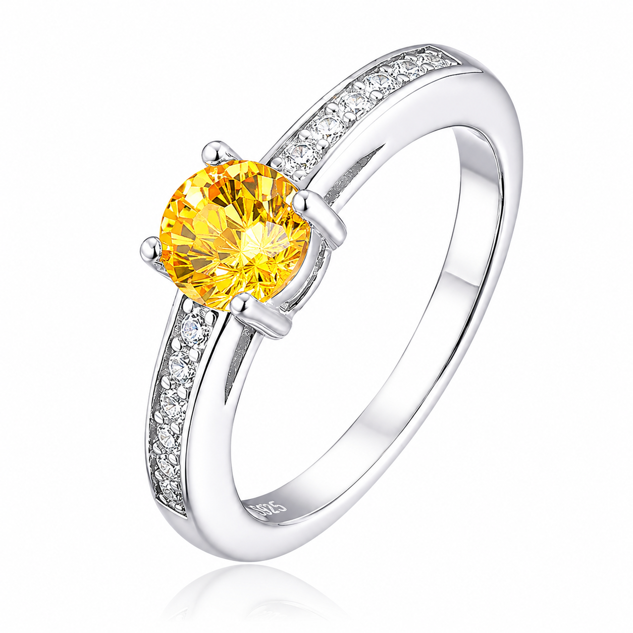 925 Sterling Silver Round Cut Multi-Color Zircon Solitaire Ring, Paved Side Stone Promise Engagement Ring for Women
